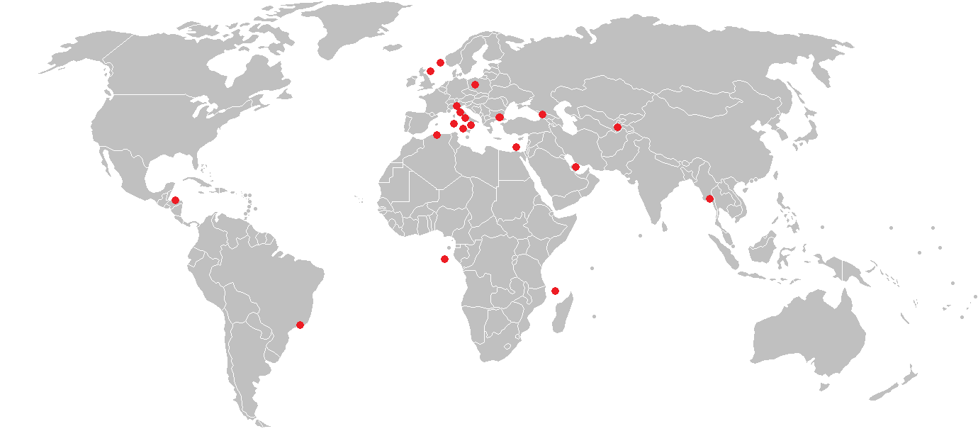 Mappa del mondo con i paesi in cui ISMGEO ha lavorato